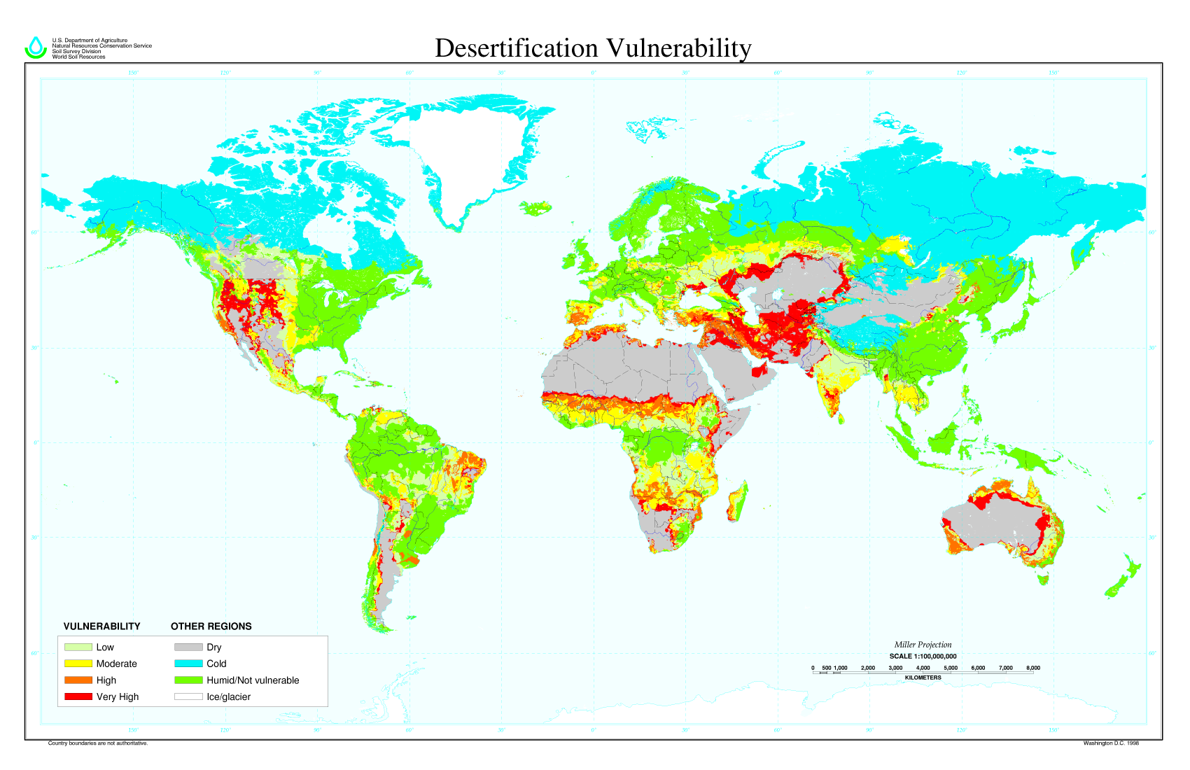 Mapa świata przedstawiająca obszary najbardziej zagrożone pustynnieniem