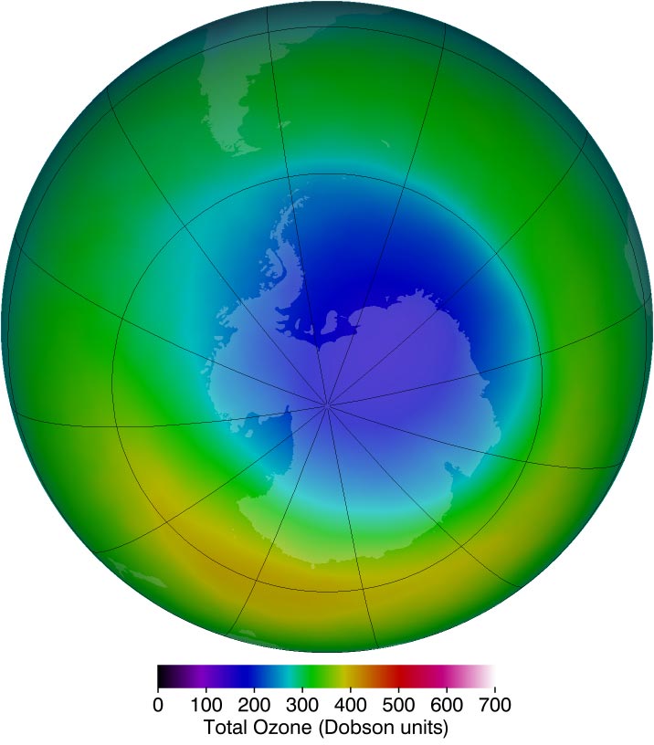Wizualizacja przedstawiająca dziurę ozonową nad Antarktydą w 2013 roku