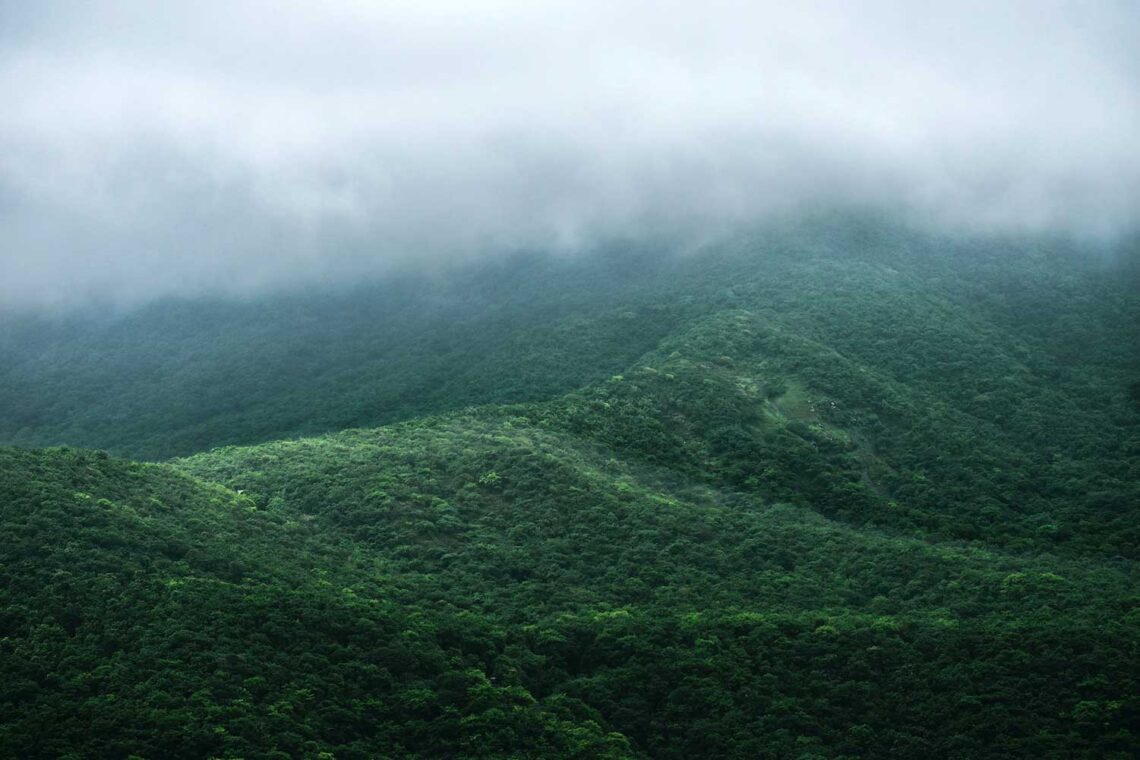 Zdjęcie zielonych wzgórz z chmurami monsunowymi