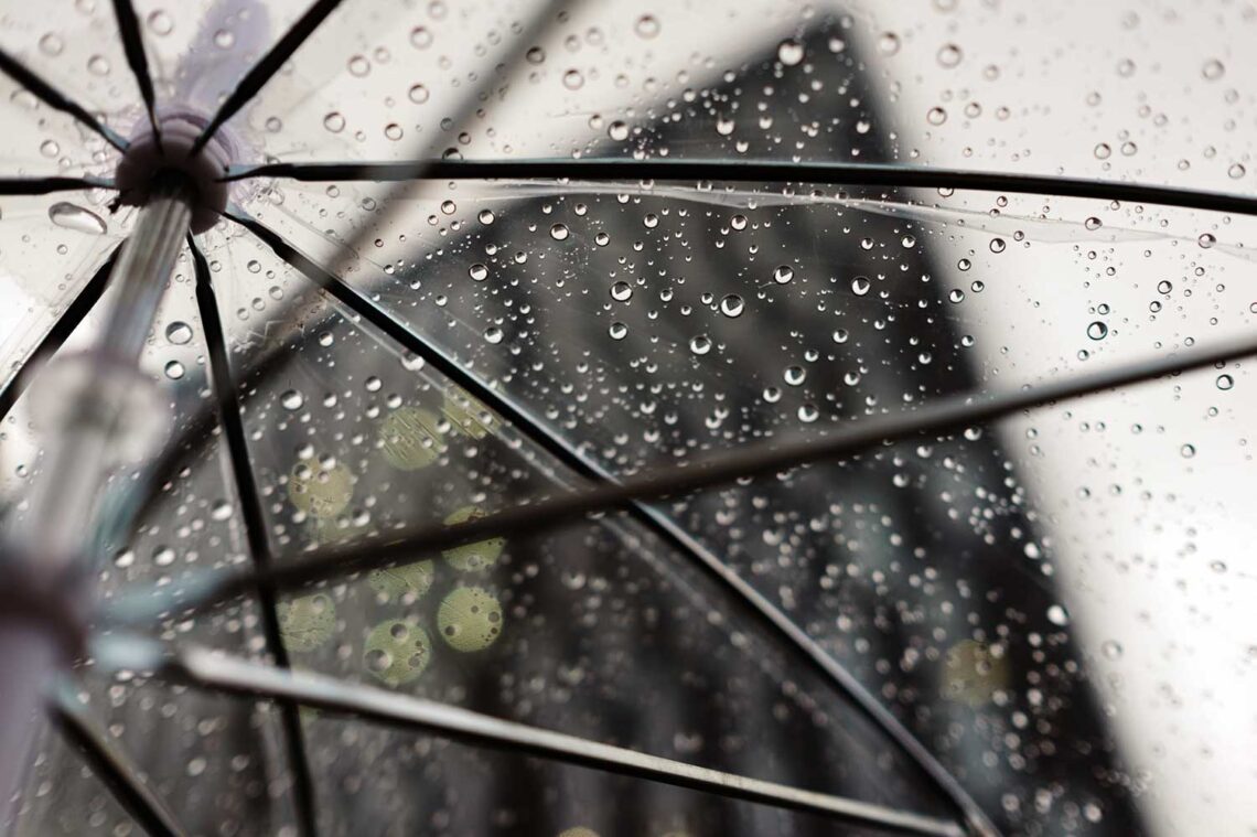 Zdjęcie przeźroczystego parasolu wykonane od spodu pokazujące krople wody po deszcz na powierzchni parasola