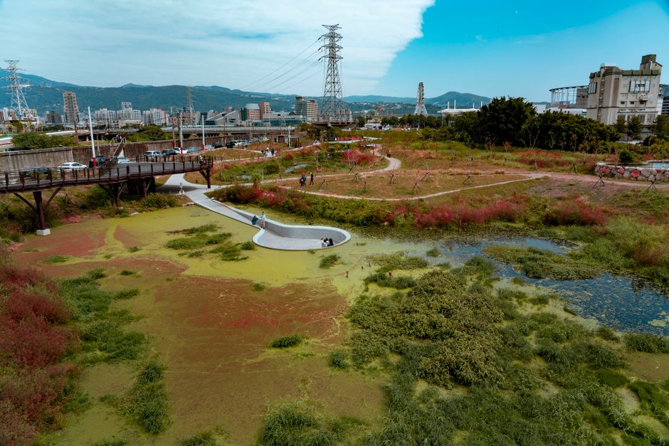 Aerial shot of urban park featuring a winding footbridge, wetlands, and cityscape.